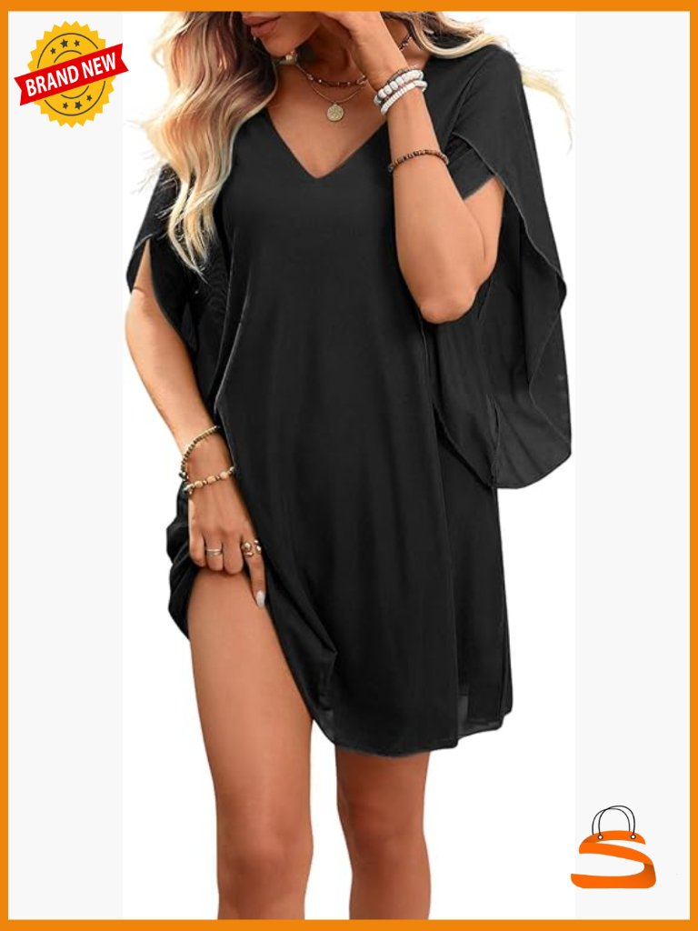 Flutter Sleeve Chiffon Party Dress With V-Neck, 3/4 Sleeve, A-Line Mini, Loose